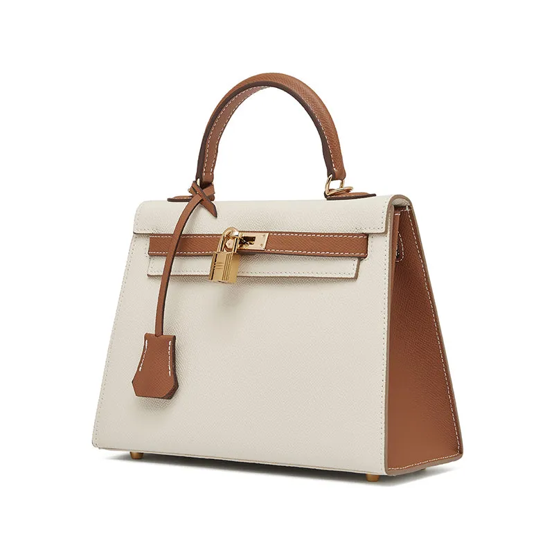 The Kelly | Luxury White & Brown Leather Handbag – Timeless & Elegant