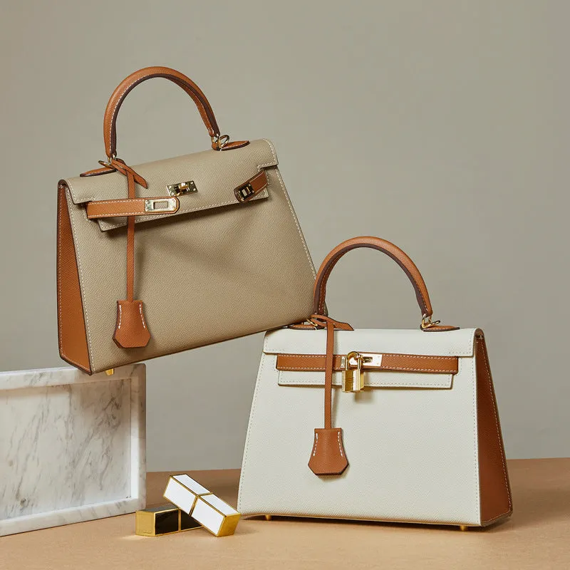 The Kelly | Luxury White & Brown Leather Handbag – Timeless & Elegant