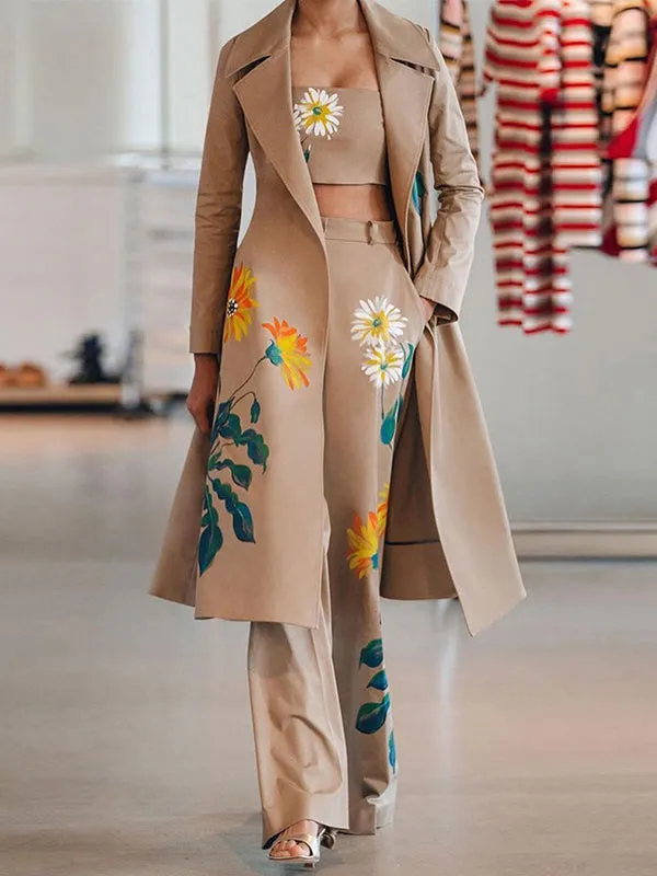 Three Piece Bend Down Collar Floral Print Jacket Crop Top and Pants Set