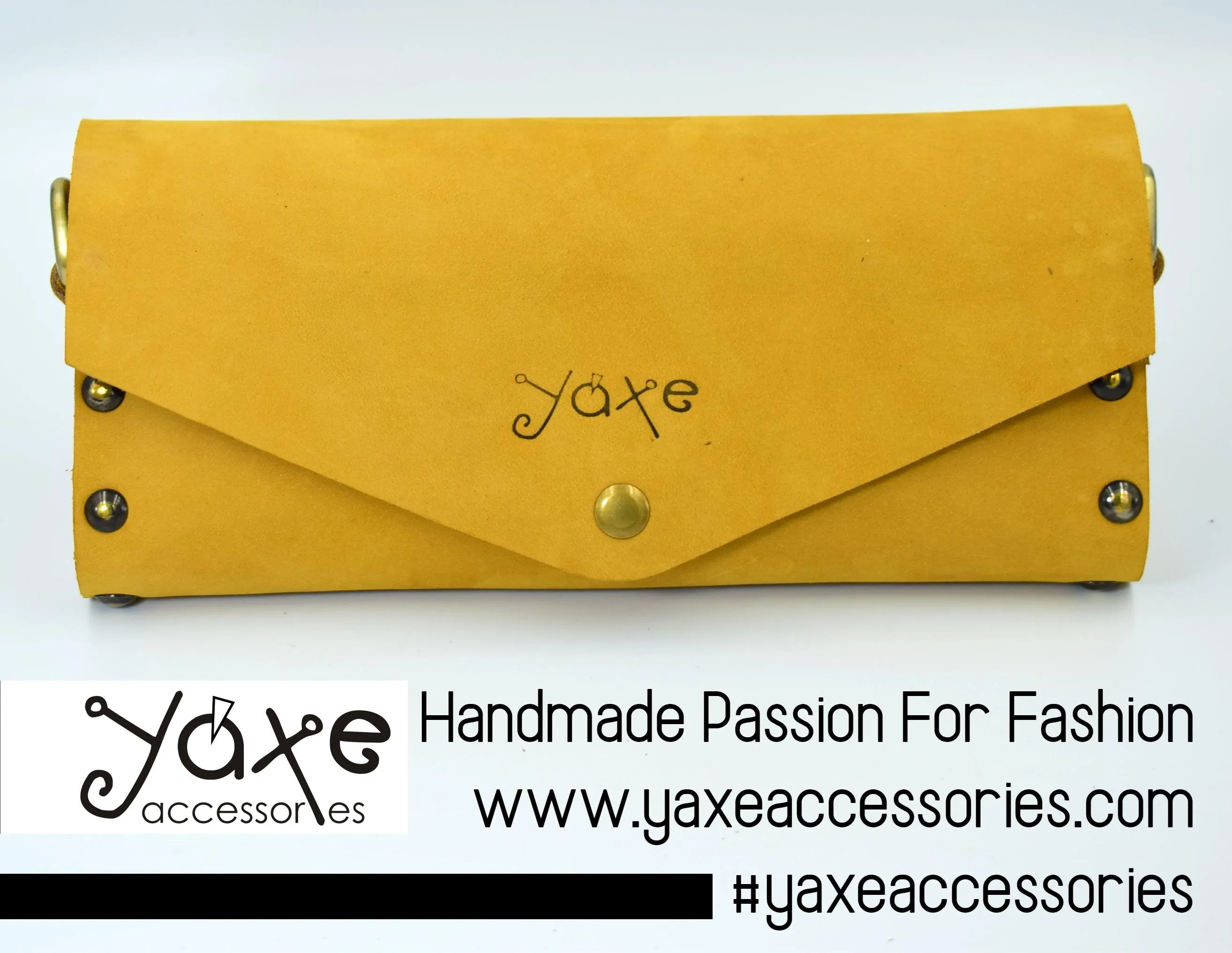 Yellow small clutch women bag from leather and wood
