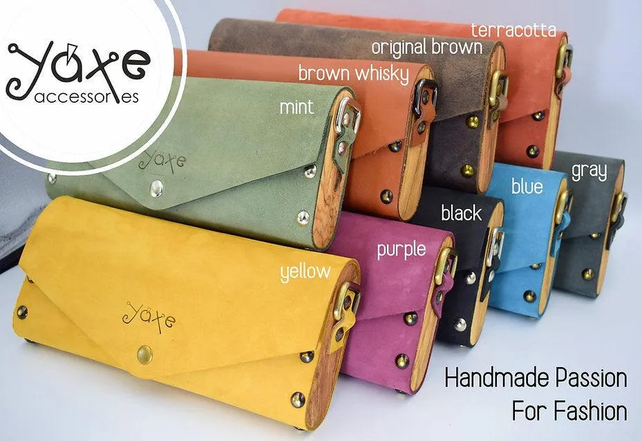 Yellow small clutch women bag from leather and wood