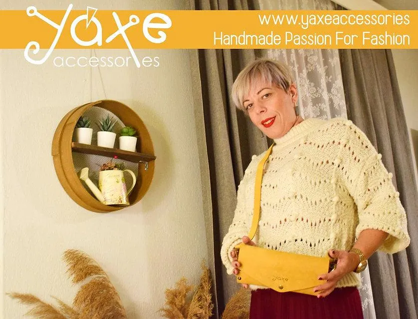 Yellow small clutch women bag from leather and wood