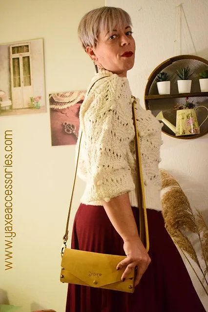 Yellow small clutch women bag from leather and wood