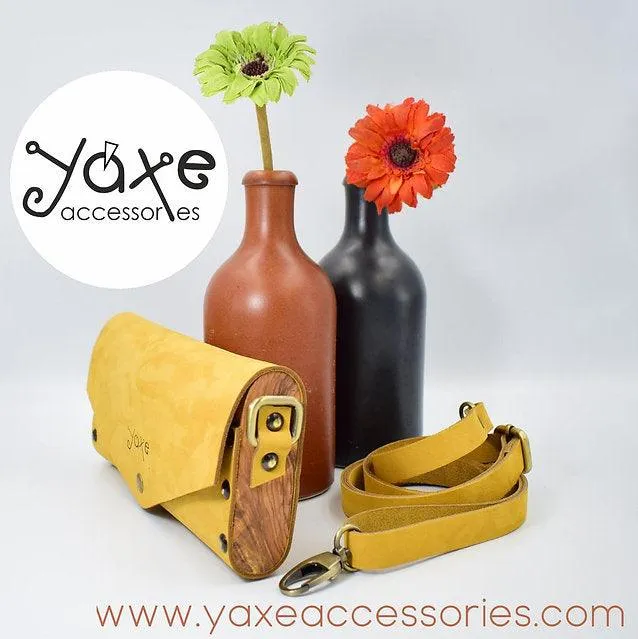 Yellow small clutch women bag from leather and wood