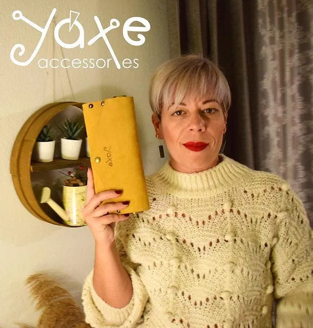 Yellow small clutch women bag from leather and wood